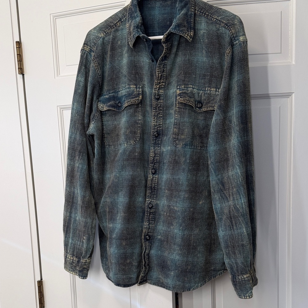 BDG Distressed Green Blue Plaid Button-Up Shirt